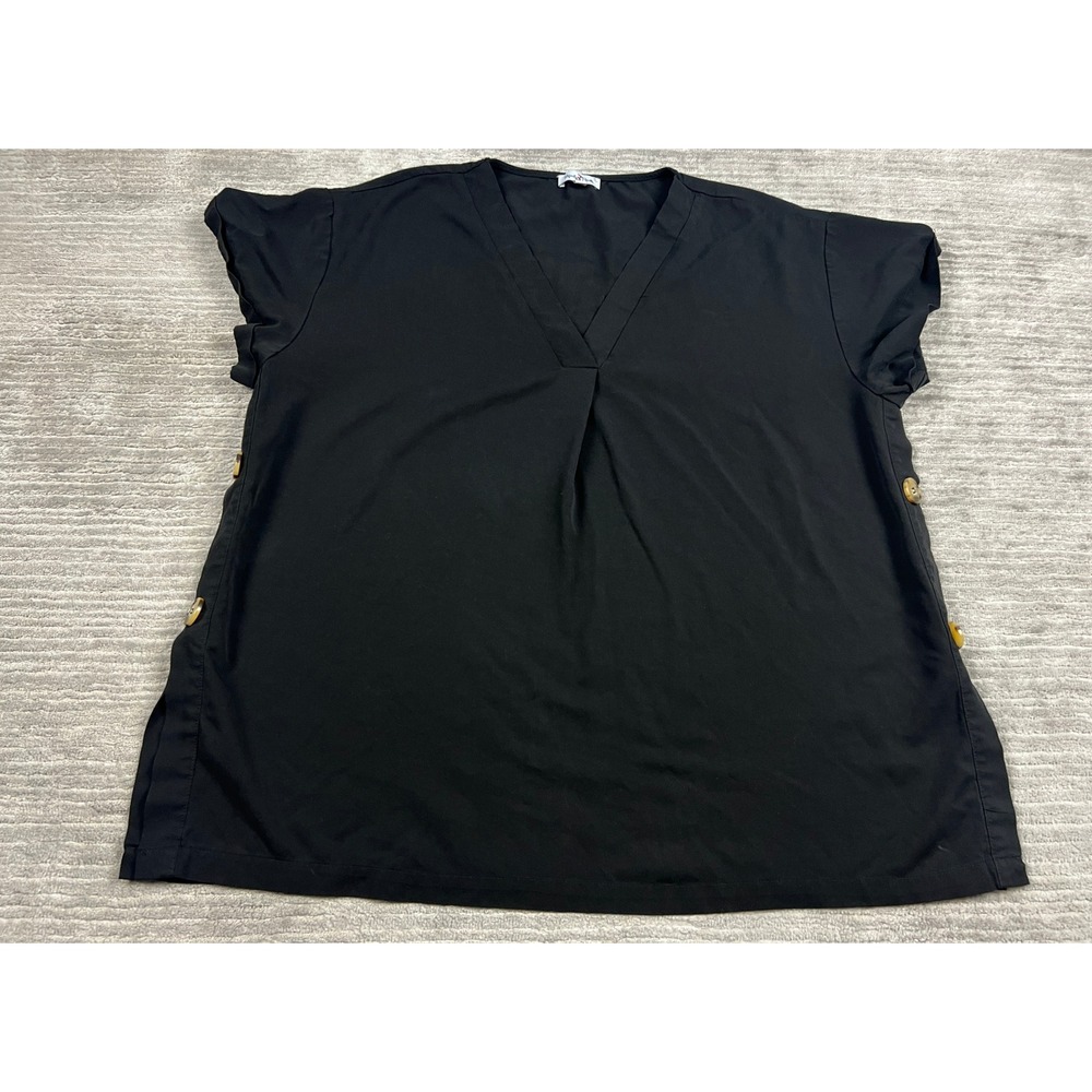 Perfectly Priscilla Blouse Women 3XL Black Tencel V-Neck Side Button HT1007PD